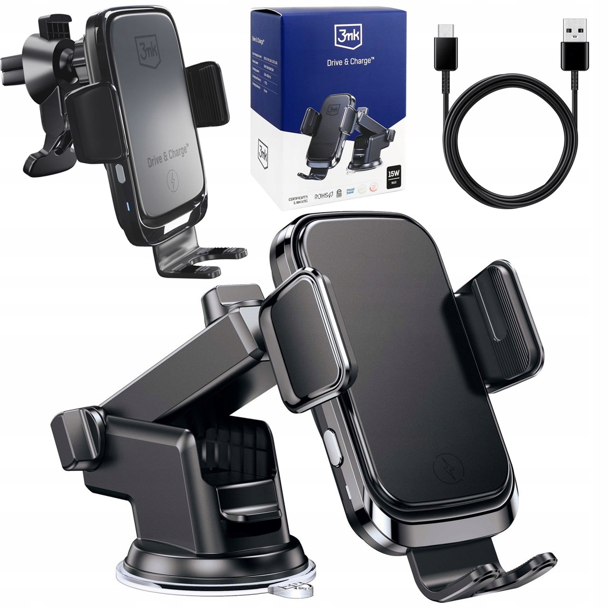 Držák telefonu dlouhý Nabíječka 15W do auta Kokpit Mřížka Sklo