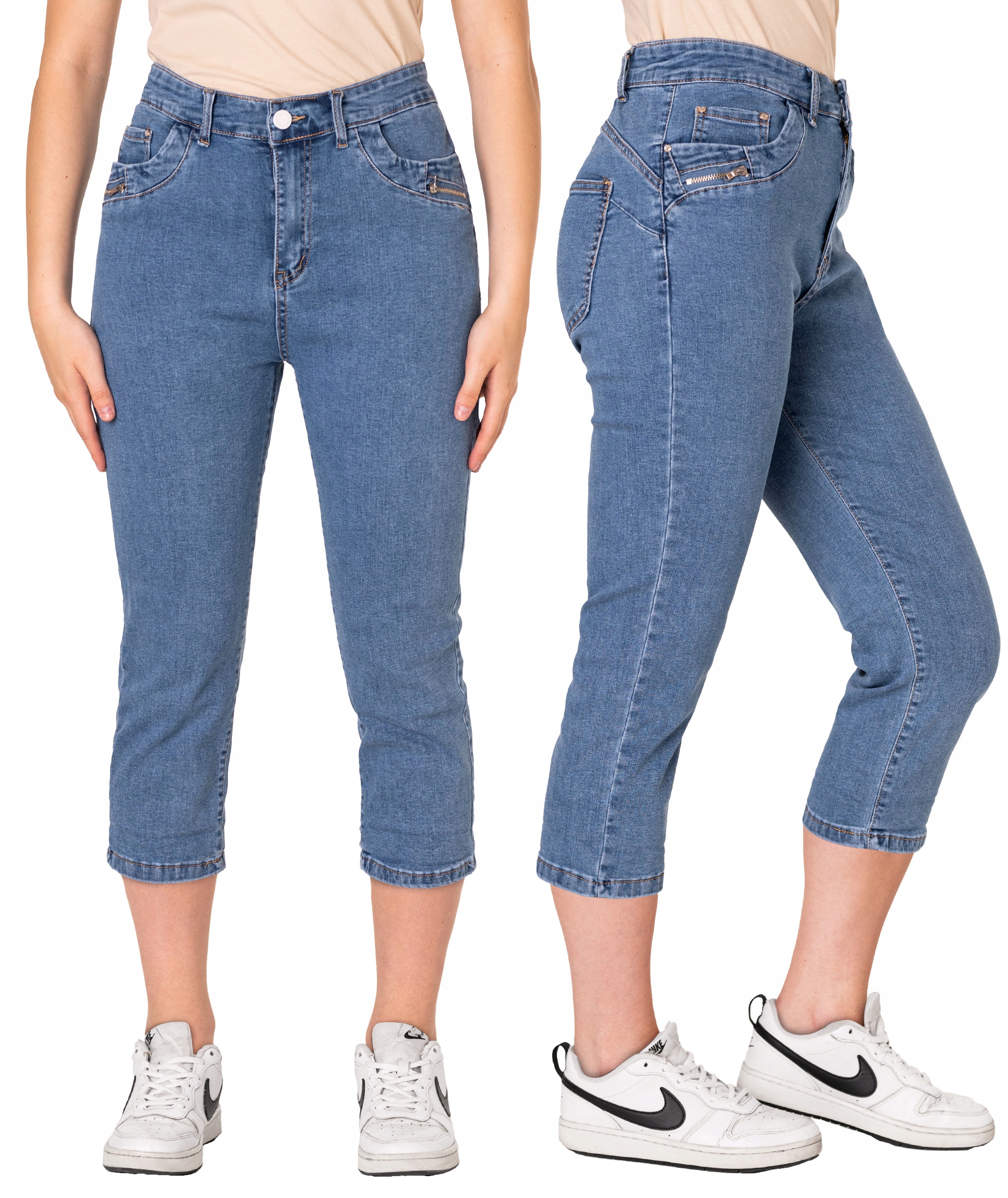 Duże Krótkie Spodnie Spodenki 3/4 Rybaczki Wysoki Stan Jeans Damski 6310 48