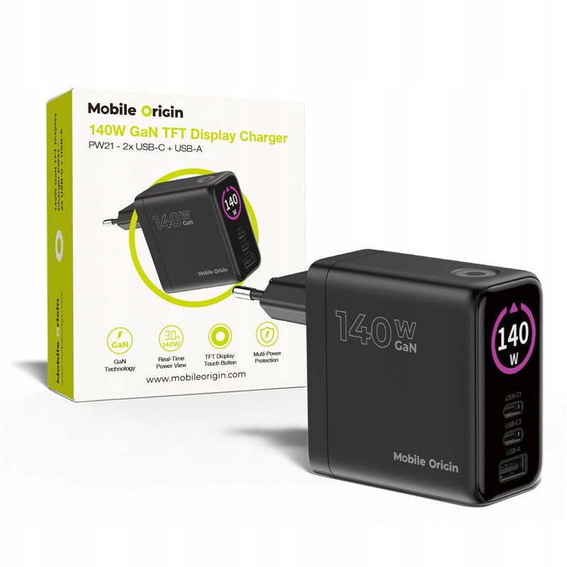 Mobile Origin Gań 140W Napájecí Adaptér Pro Notebook, Telefon, Tablet, 2X Usb-c, Usb-a
