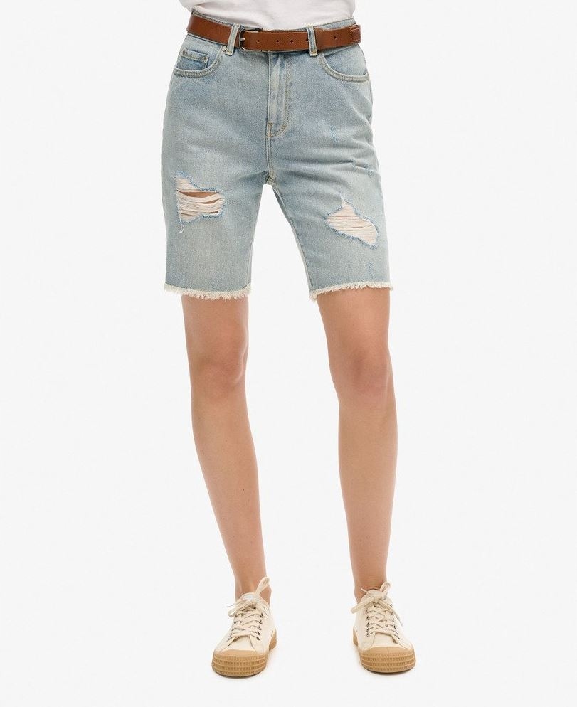 Džínové šortky Superdry Bermuda Boy Short 25 Xs Oděrky Světlé