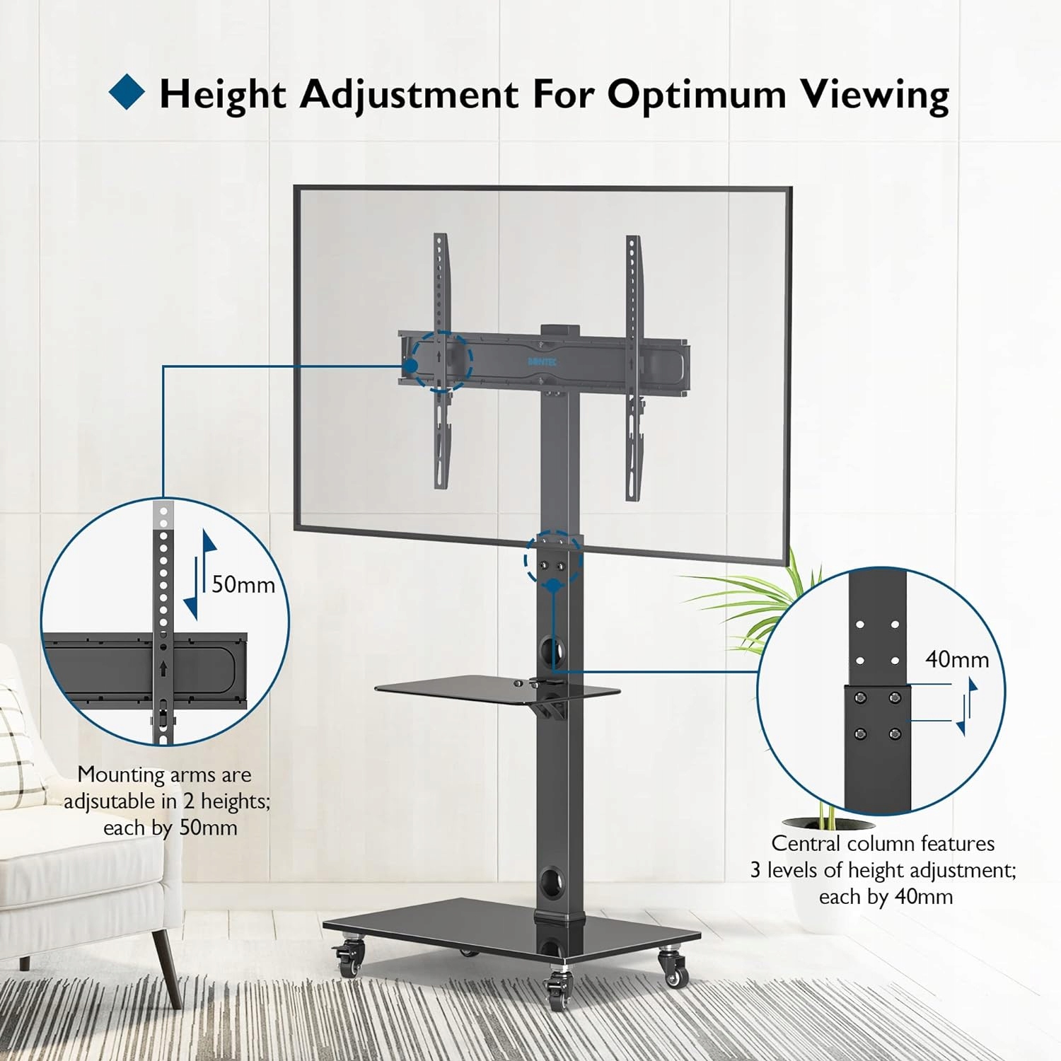 STOJAK NA TELEWIZOR MOBILNY 30-70 CALI SZKŁO HARTOWANE 40 KG UDŻWIG Marka Bontec