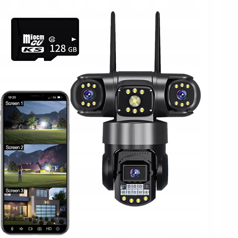 3 KAMERY PANORAMICZNA KAMERA MONITORINGU OBROTOWA 8MPX LAN WiFi Zoom