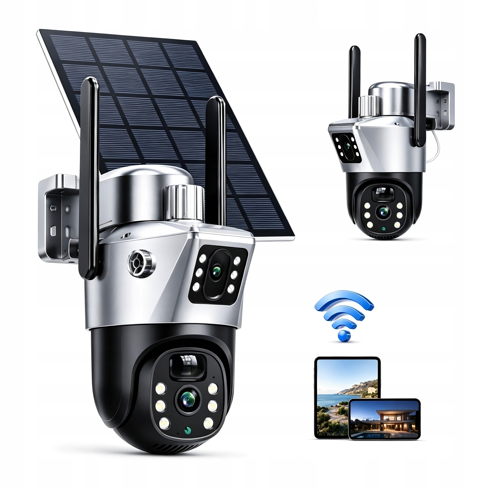 Zewnętrzna kamera solarna 4K Hd Dwa obiektywy Karta WiFi 8MP