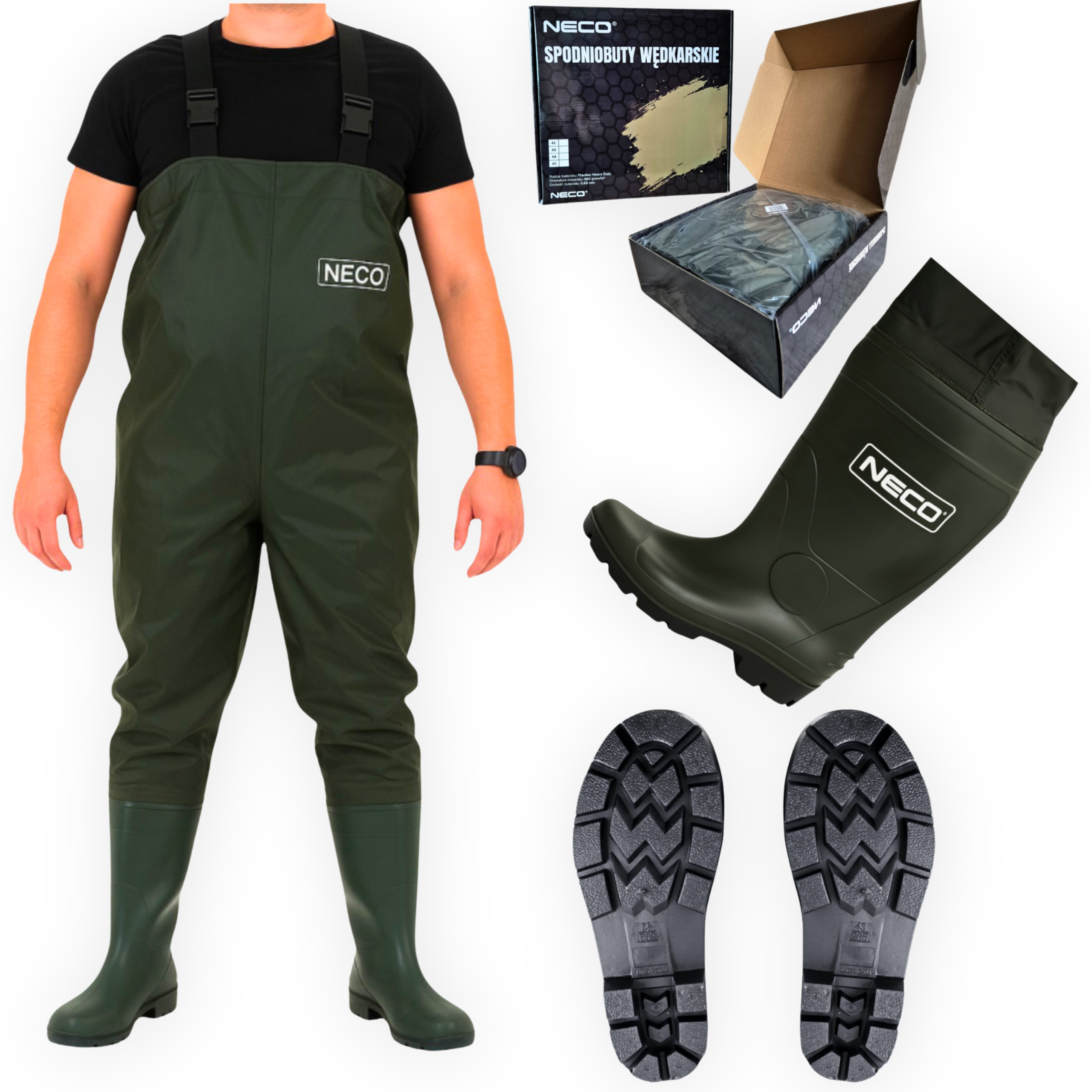 Spodniobuty Wędkarskie Neco Pvc 43 – Grube, Wodery, Wytrzymałe, z Szelkami
