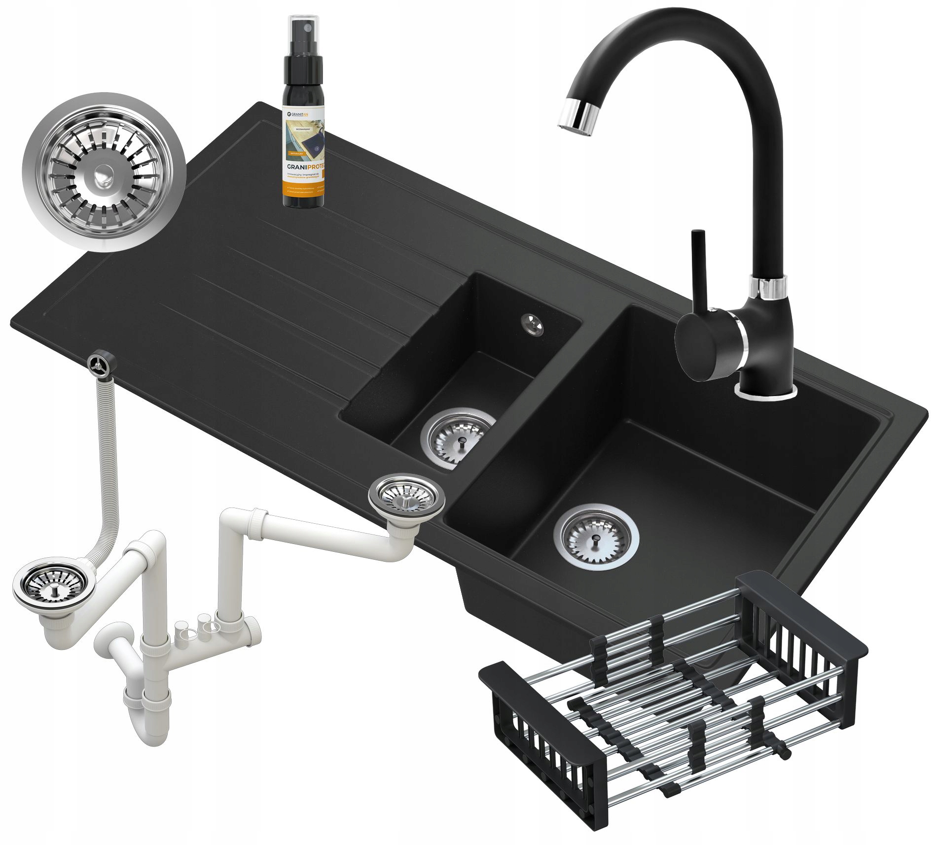 Granitový Dřez Odkapávač Kohoutek Sifon Sada
