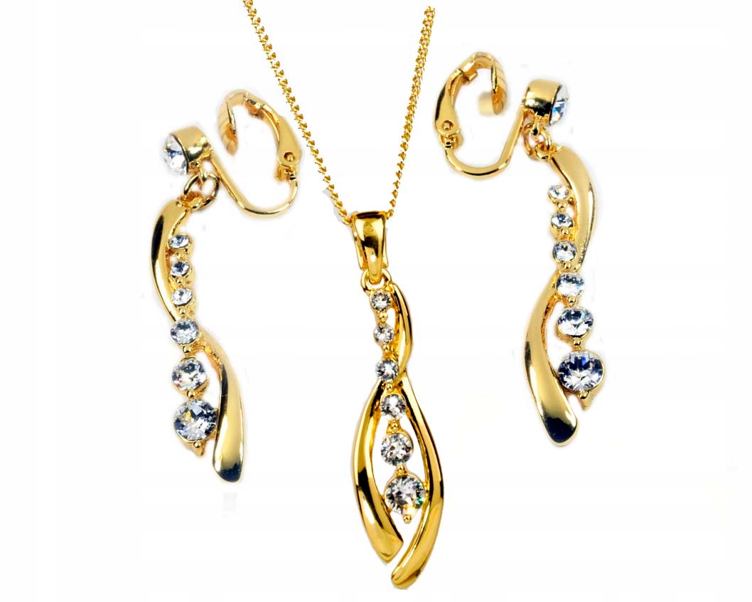 Zlatý Komplet Šperků, Náhrdelník S Přívěskem A Klipy, Elegantní