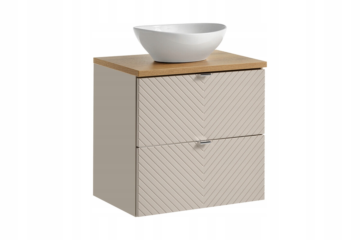Koupelnová skříňka závěsná kašmírová 60 cm s deskou a umyvadlem, výběr úchytek