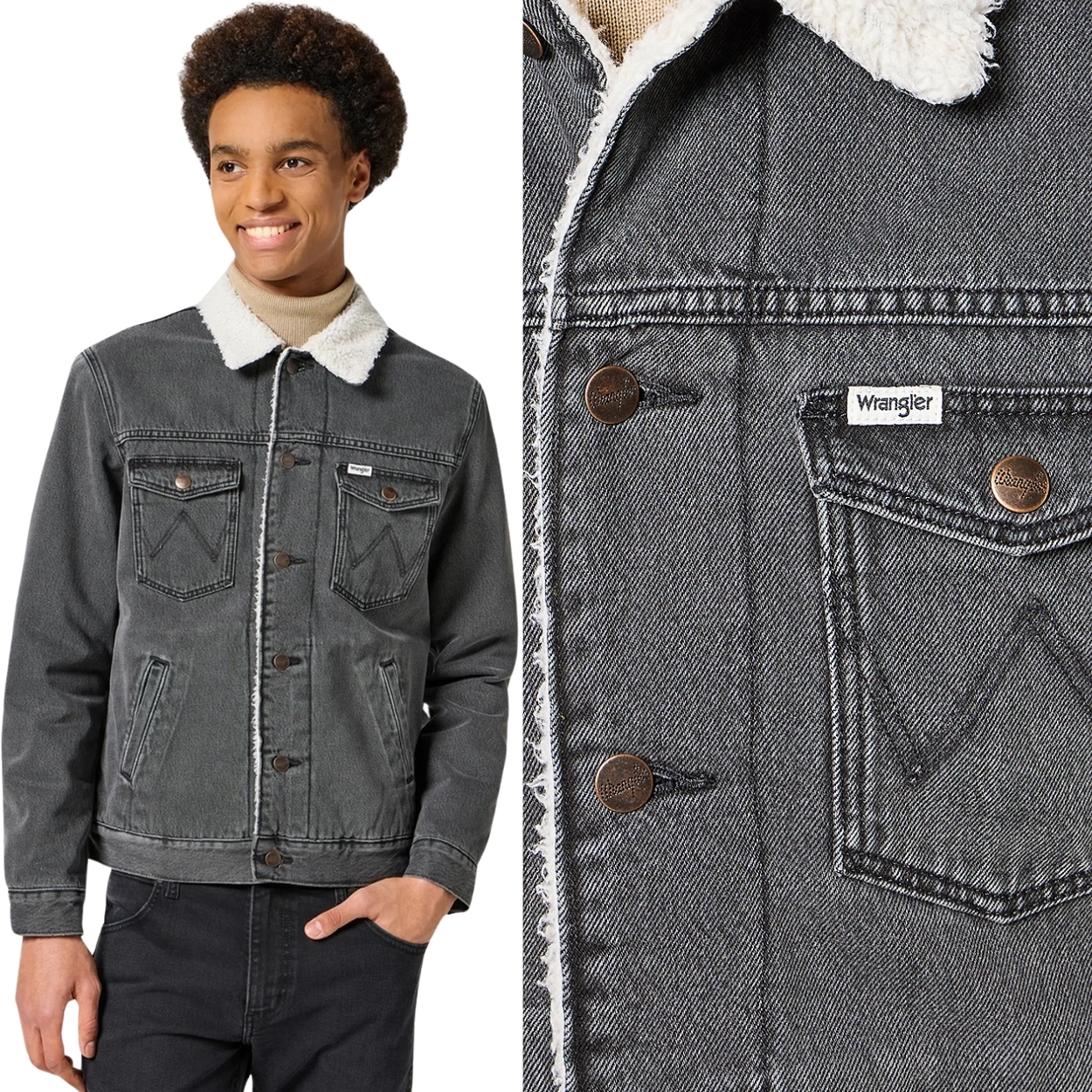 Wrangler Sherpa Jacket Jet Wash zateplená šedá džínová katana na medvídkovi M