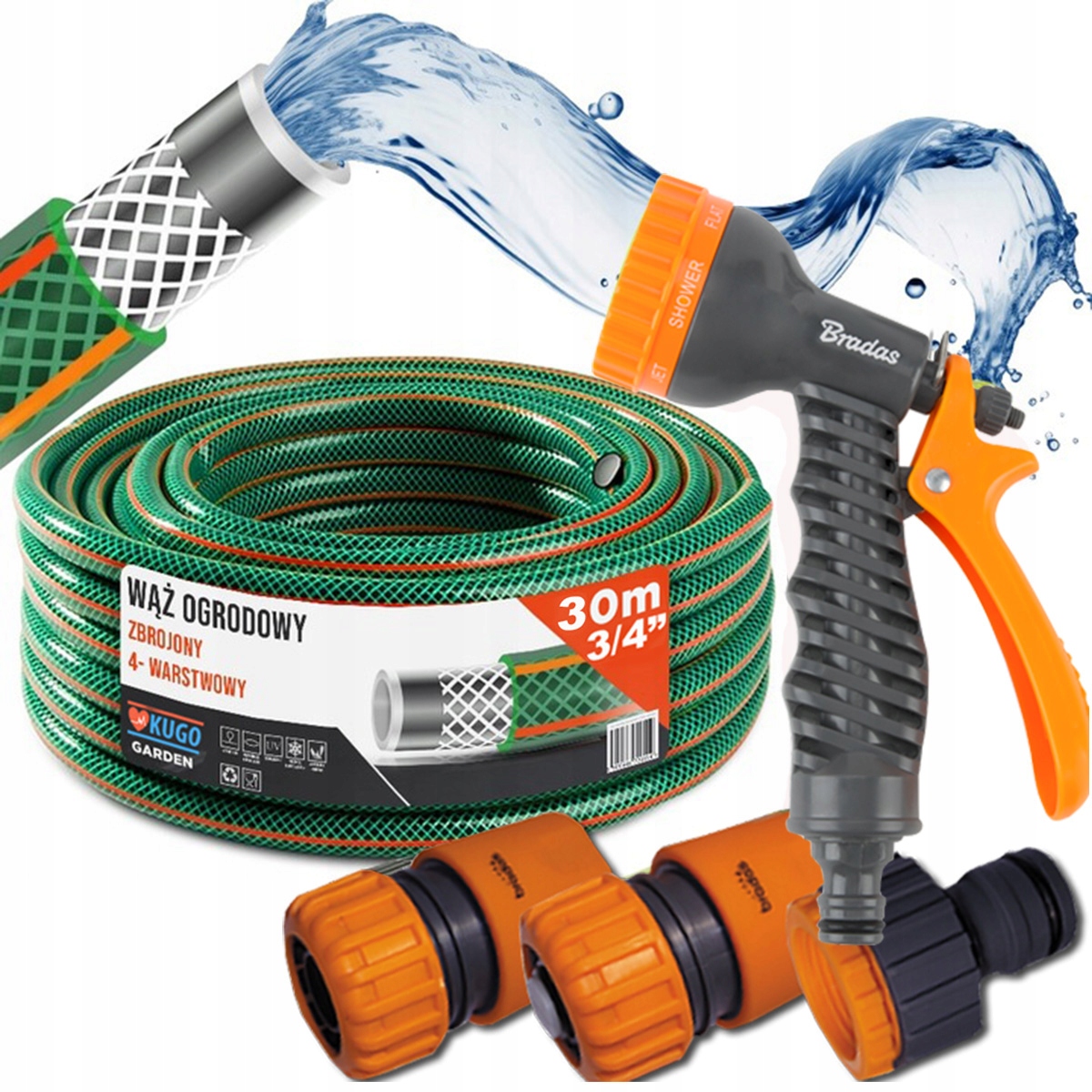 Hadice 3/4" 30 m 4 Vrstvy Pistole Spojky Set Bradas