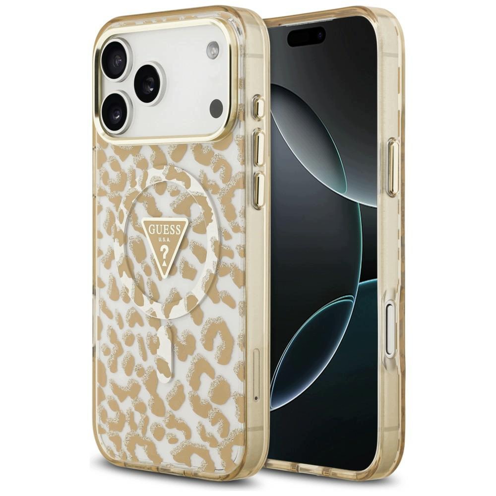 Pouzdro Guess IML Leopard Glitter Triangle Logo MagSafe pro iPhone 17 Pro, hnědé