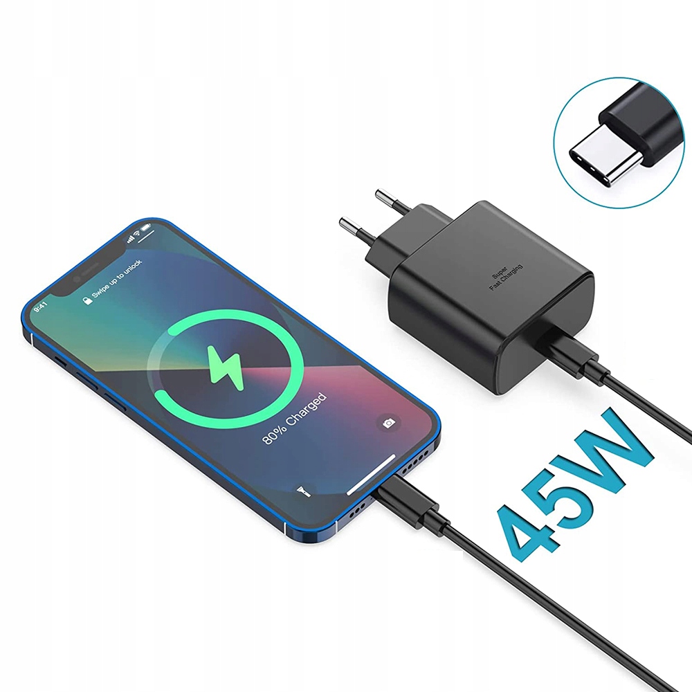 SZYBKA SIECIOWA ŁADOWARKA DO TELEFONÓW SAMSUNG 45W + KABEL ŁADOWANIA USB-C 5A 2M Stan opakowania oryginalne