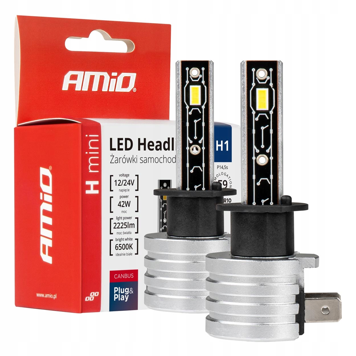 AMiO ŻARÓWKI SAMOCHODOWE LED H1 ŚNIEŻNA BIEL 6500K