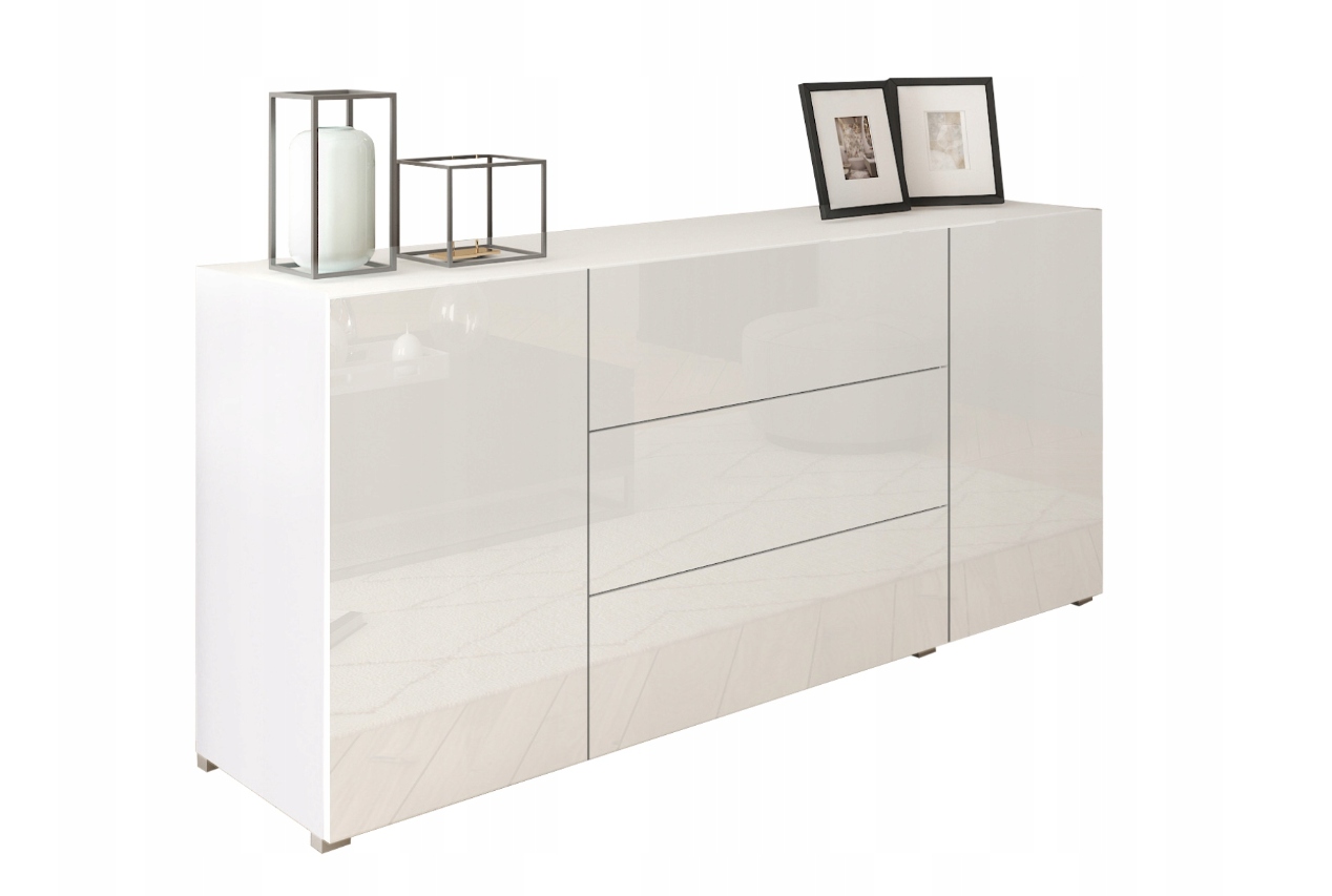 Komoda Berlin 150 cm biały połysk nowoczesna 3 szuflady 2 szafki