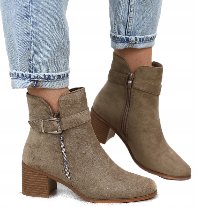 Béžové hnědé dámské kotníkové boty semišové polobotky zateplené podpatkem a sloupkem