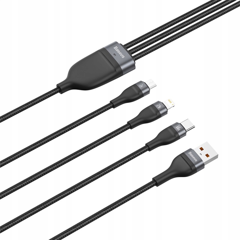 BASEUS MOCNY KABEL DO TELEFONU 3W1 USB TYPU C MICRO USB LIGHTNING 66W 1,2M Zgodność ze standardem Quick Charge 1.0 Quick Charge 2.0 Quick Charge 3.0