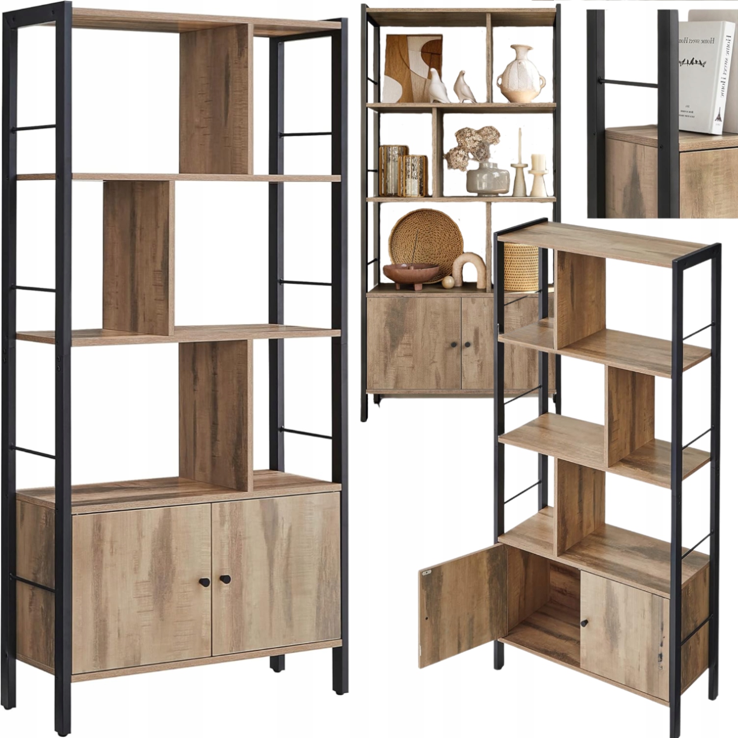 Regál Loft s rustikálnou industriálnou skrinkou na knihy, drevené hračky