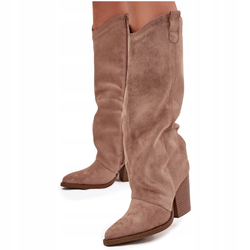 Kozačky Kovbojské Boty Eko Semiš Podpatek Sloupek Zateplené Zip Béžové 39