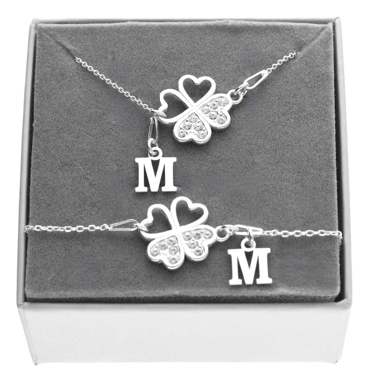Komplet Stříbrných Šperků s jetelem Čtyřlístek A Písmenkem Gravírování Bonus