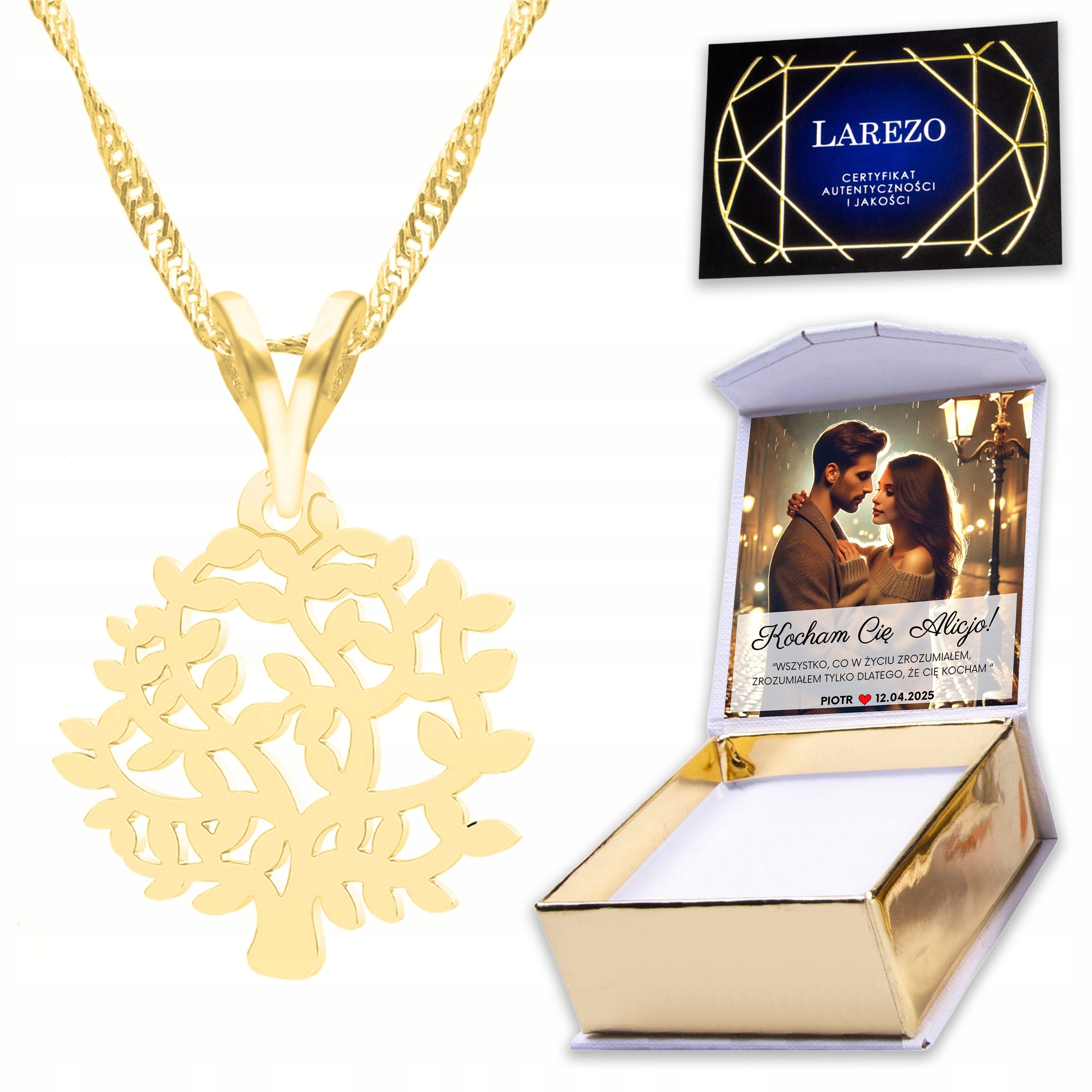 Zlatý náhrdelník 925 s ažurovým dřevem Ažurové dřevo Strom života Potisk