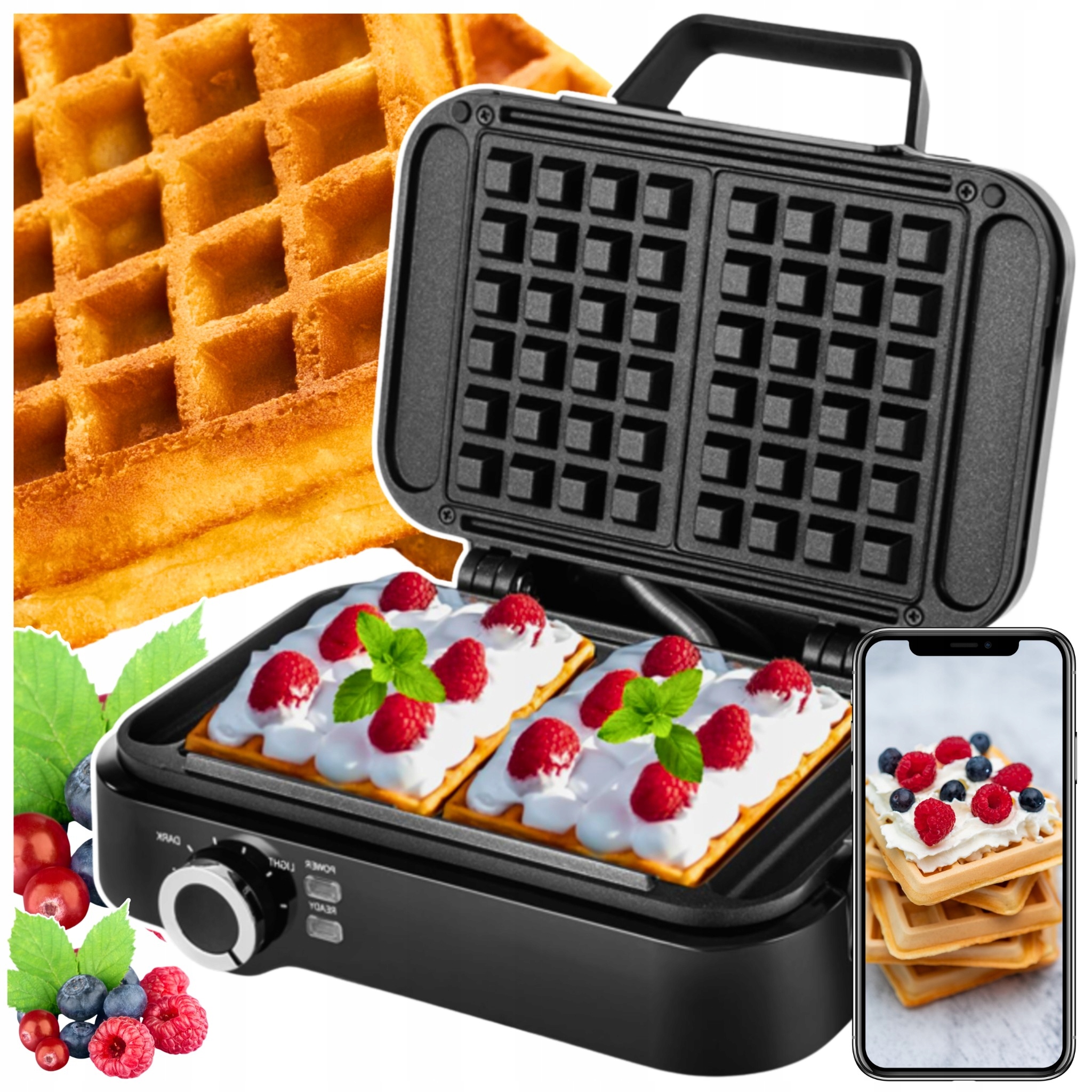 Gofrownica Opiekacz Do Gofrów 2200W Mocna Z Regulacją Temperatury Czarna