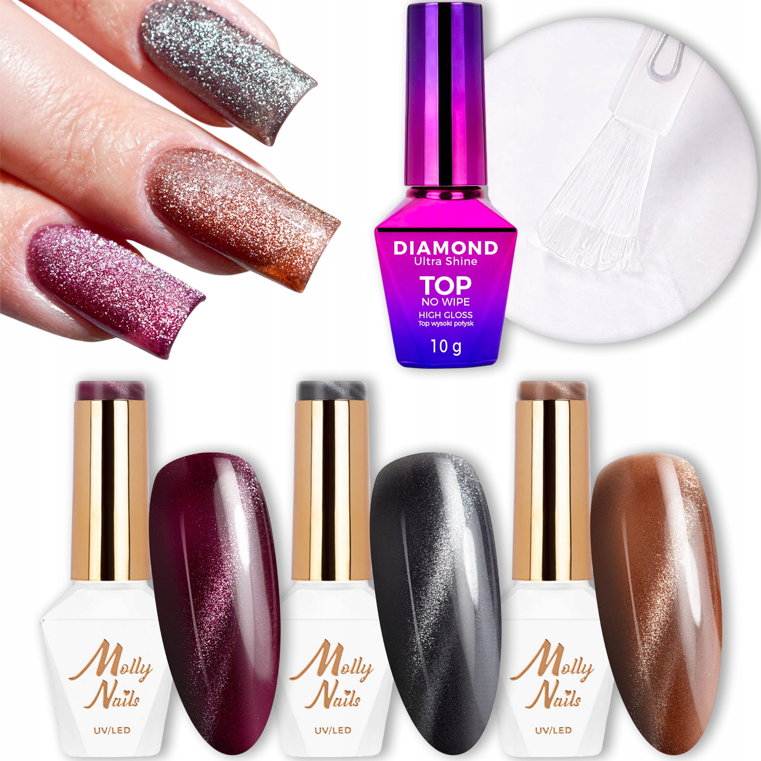 3x Hybridní lak Cat Eye Diamond Top Set na valentýnské nehty