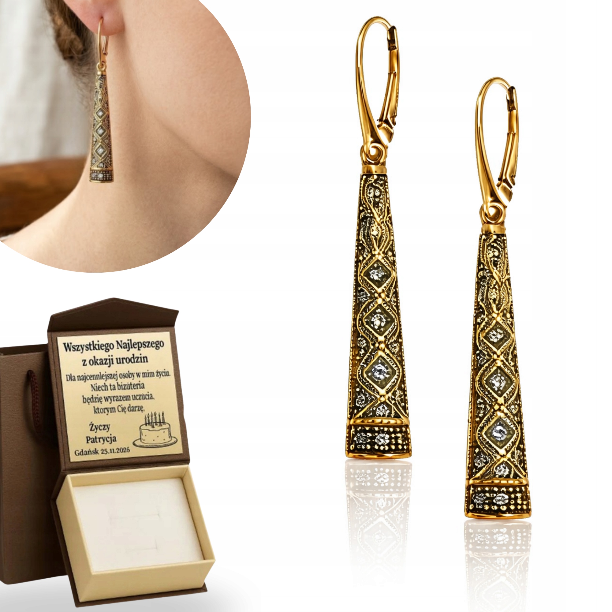 Zlaté Náušnice Zdobené Kameny, Oxidované Stříbro 925/585 14K