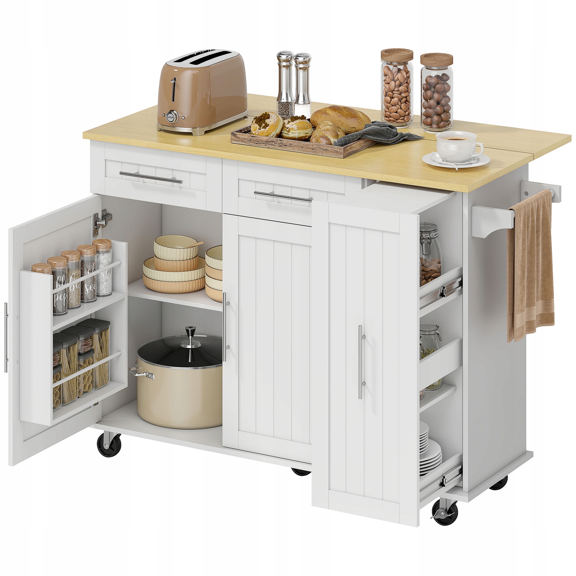 Wyspa Kuchenna na Kółkach z Rozsuwanym Blatem i Szufladami