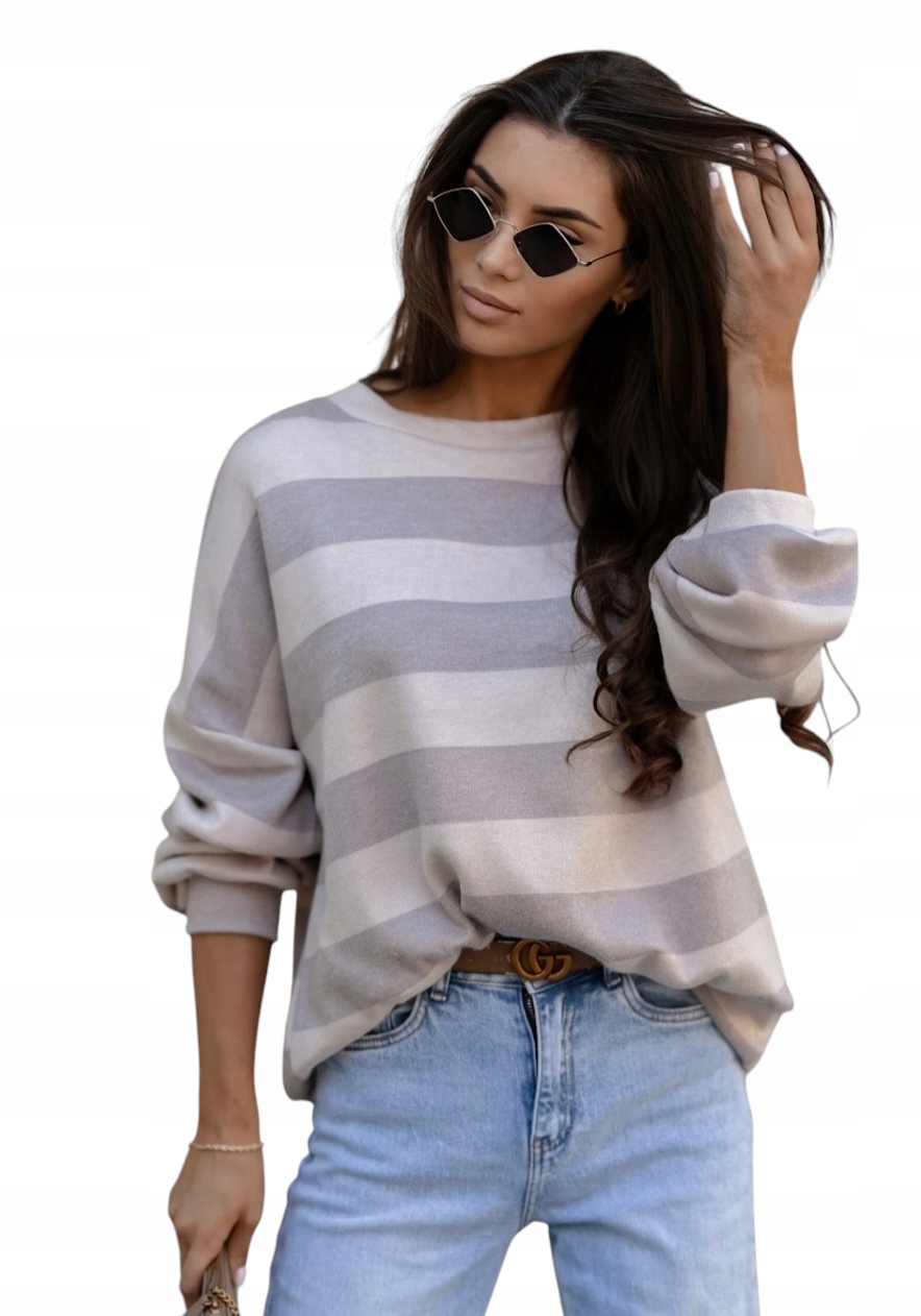 Luźny Sweter Damski W Pasy Z Połyskiem Pl Premium Cappuccino L/XL