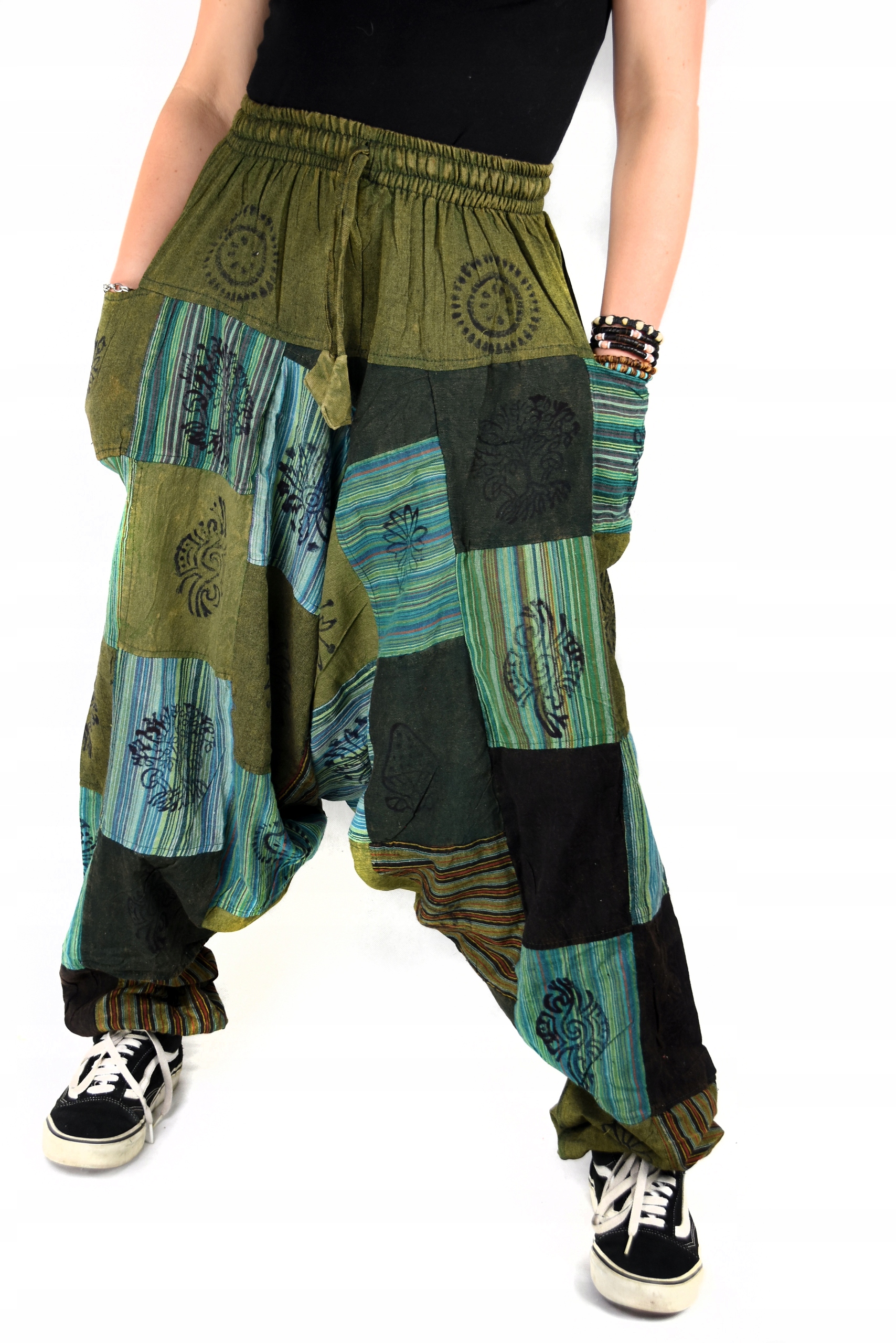 Šavary Nepál Aladinky Jóga Patchwork Barevné kalhoty Zeleň