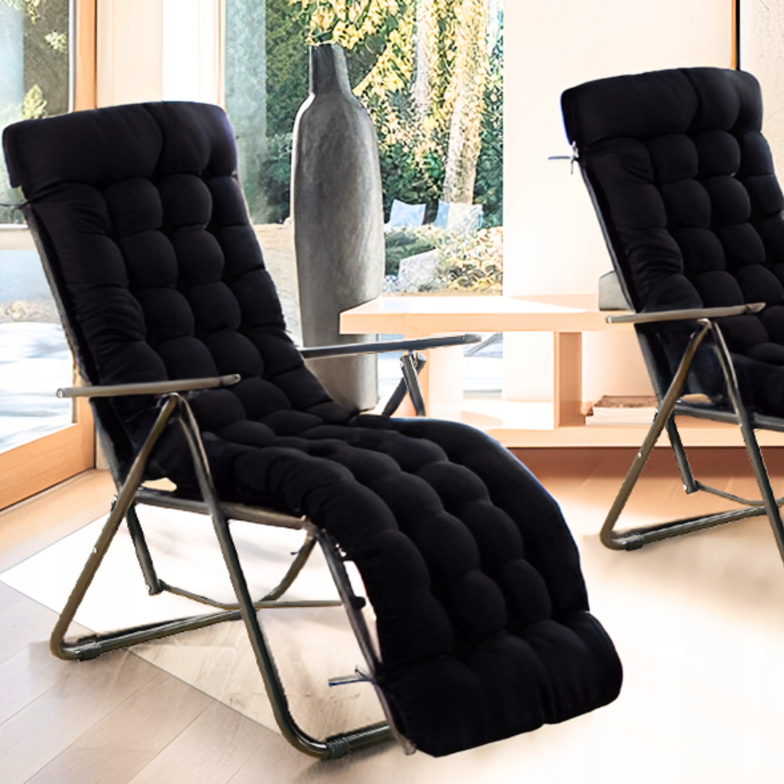 Poduszka na leżak ogrodowy GRUBA MIĘKKA WYGODNA 160 x 50 cm CZARNA PIKOWANA Długość poduszki 160 cm