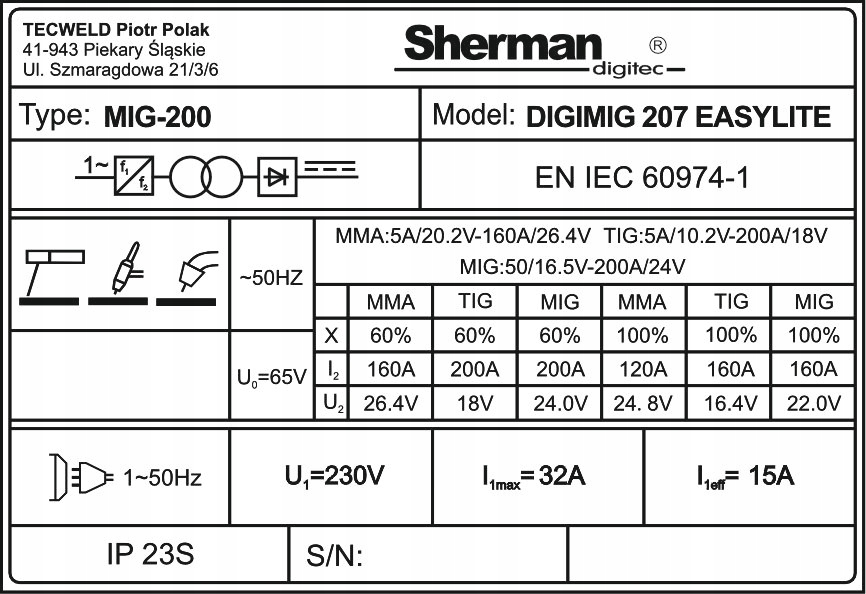 SPAWARKA SHERMAN DIGIMIG 207 EASYLITE SYNERGIA Waga urządzenia 12.14 kg
