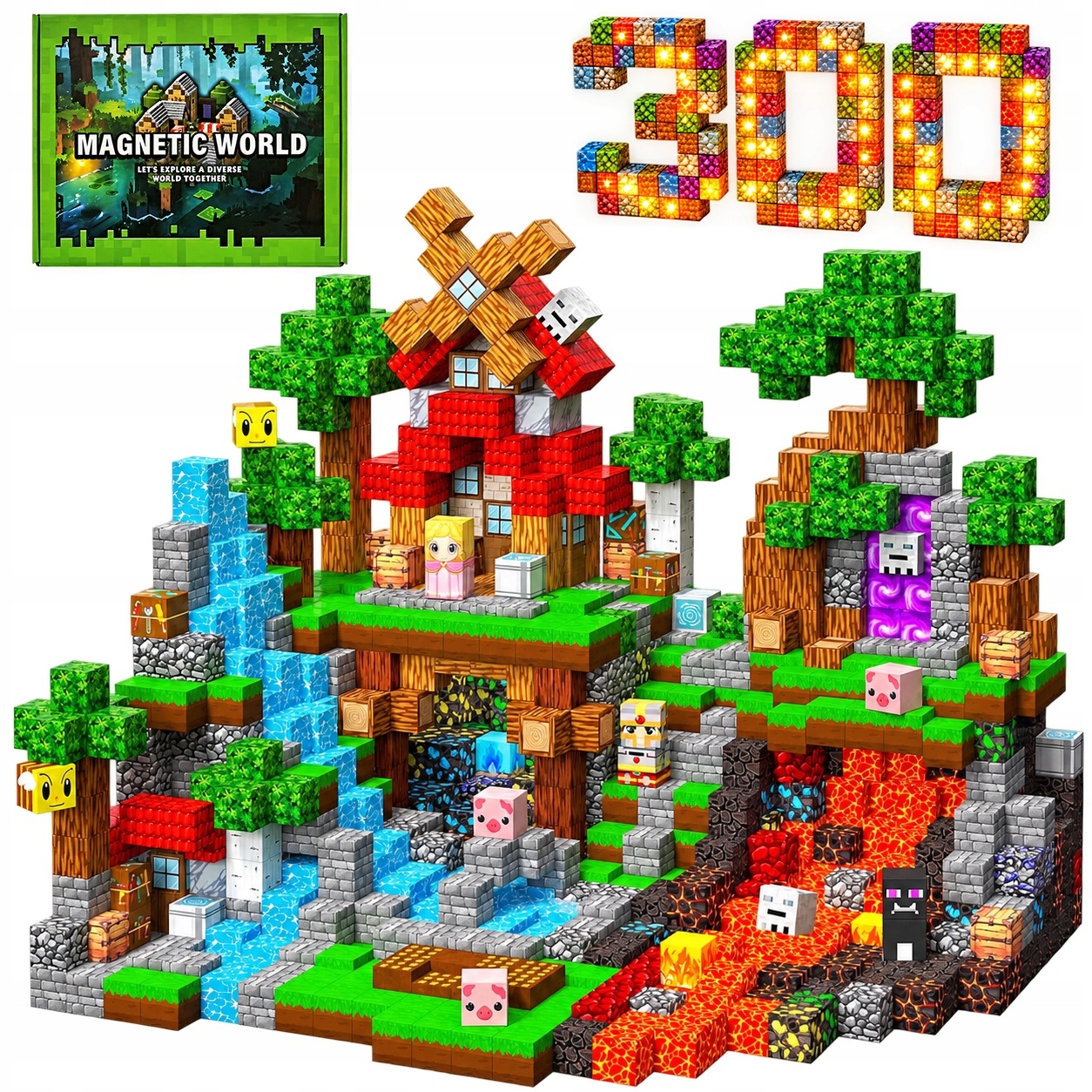 Klocki magnetyczne Led SZEScIANY Bloki Zestaw 300Ele w prezencie 15 Figurki