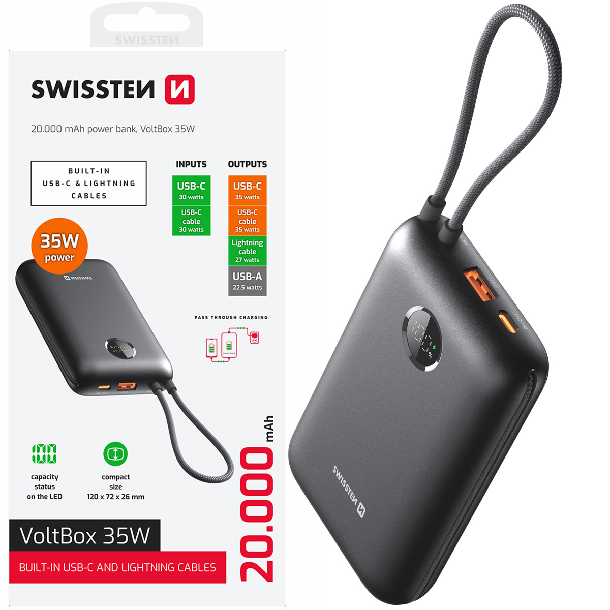 Powerbanka Swissten 20000 mAh Voltbox Usb-c Usb-a 35W Kabel Usb-c Lightning