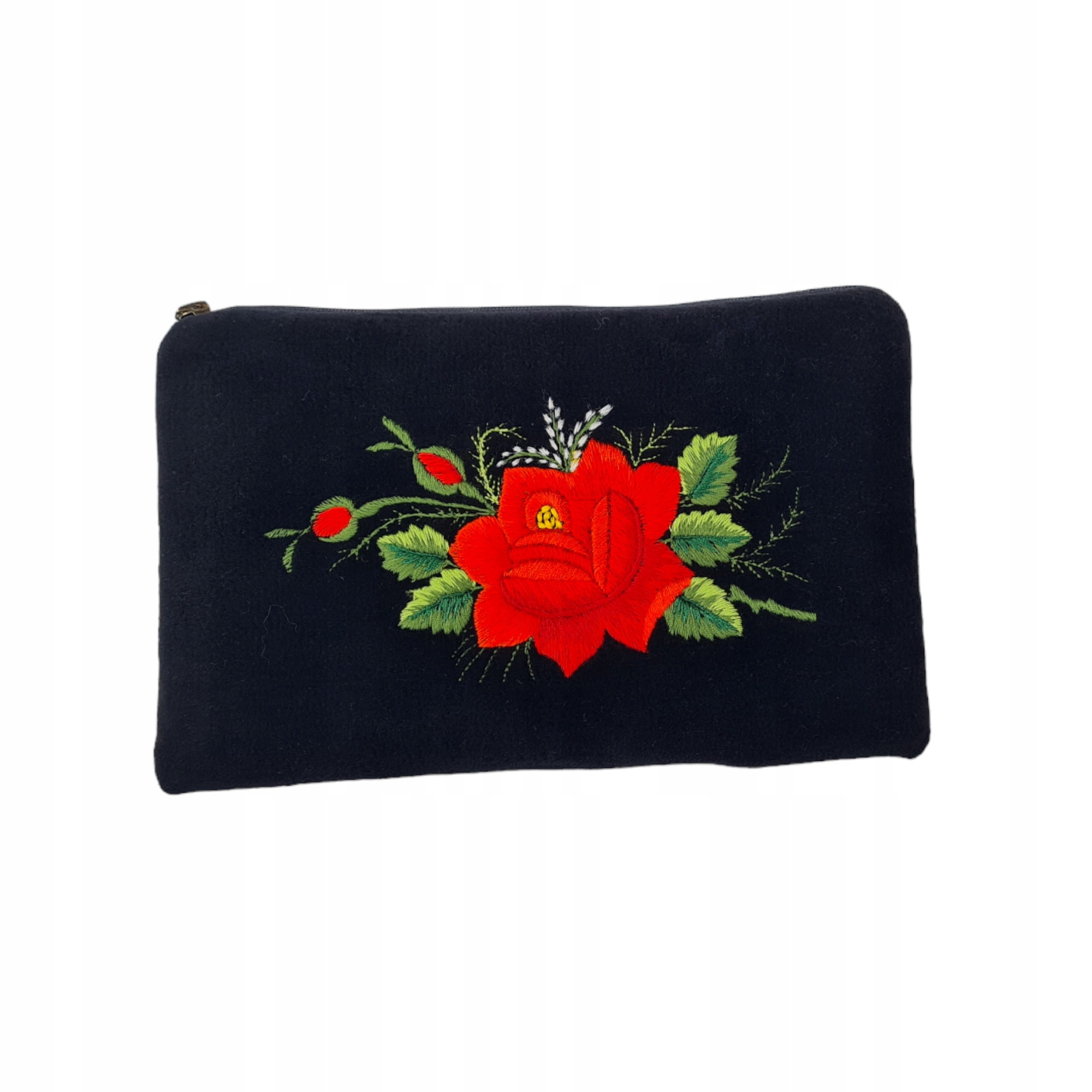 Plochá Černá Kosmetická Taška Folk Lovecká Výšivka Červená Růže Handmade