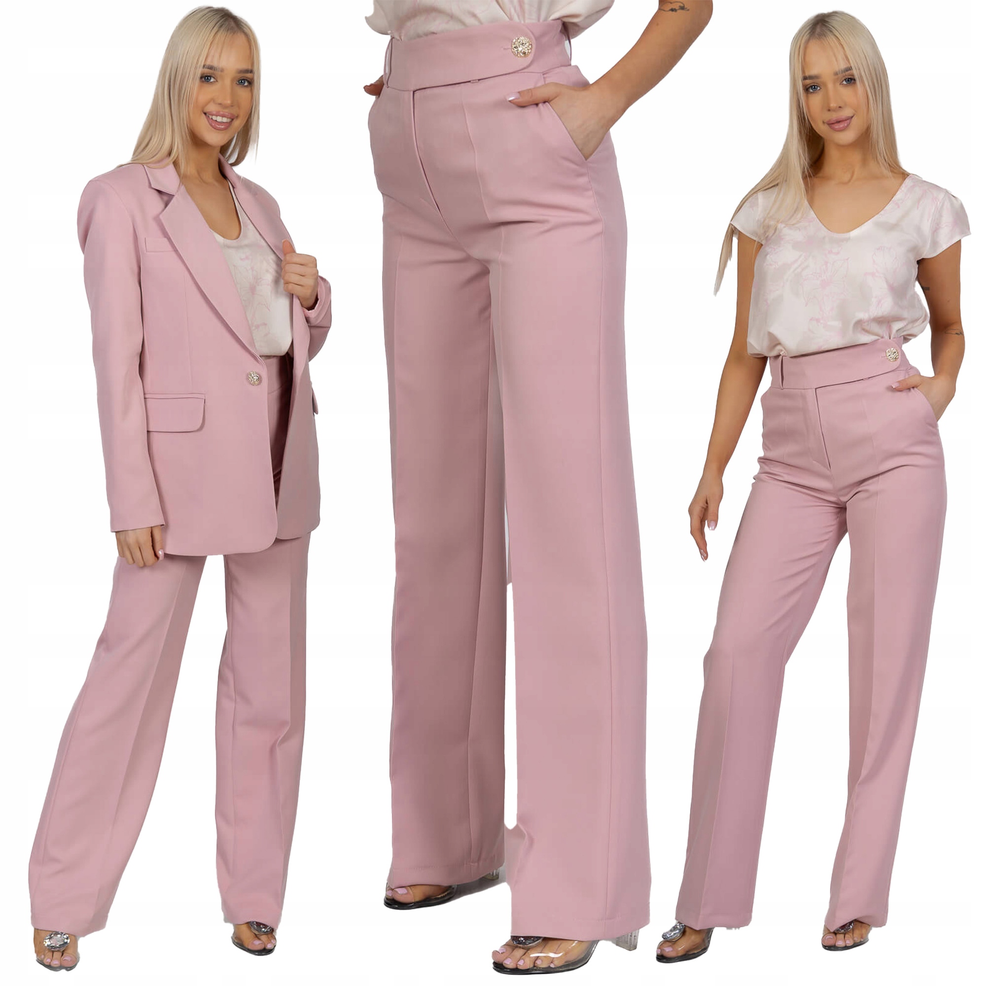 Elegantní Bb kalhoty s širokou nohavicí a vysokým pasem Pudrová Růžová 36