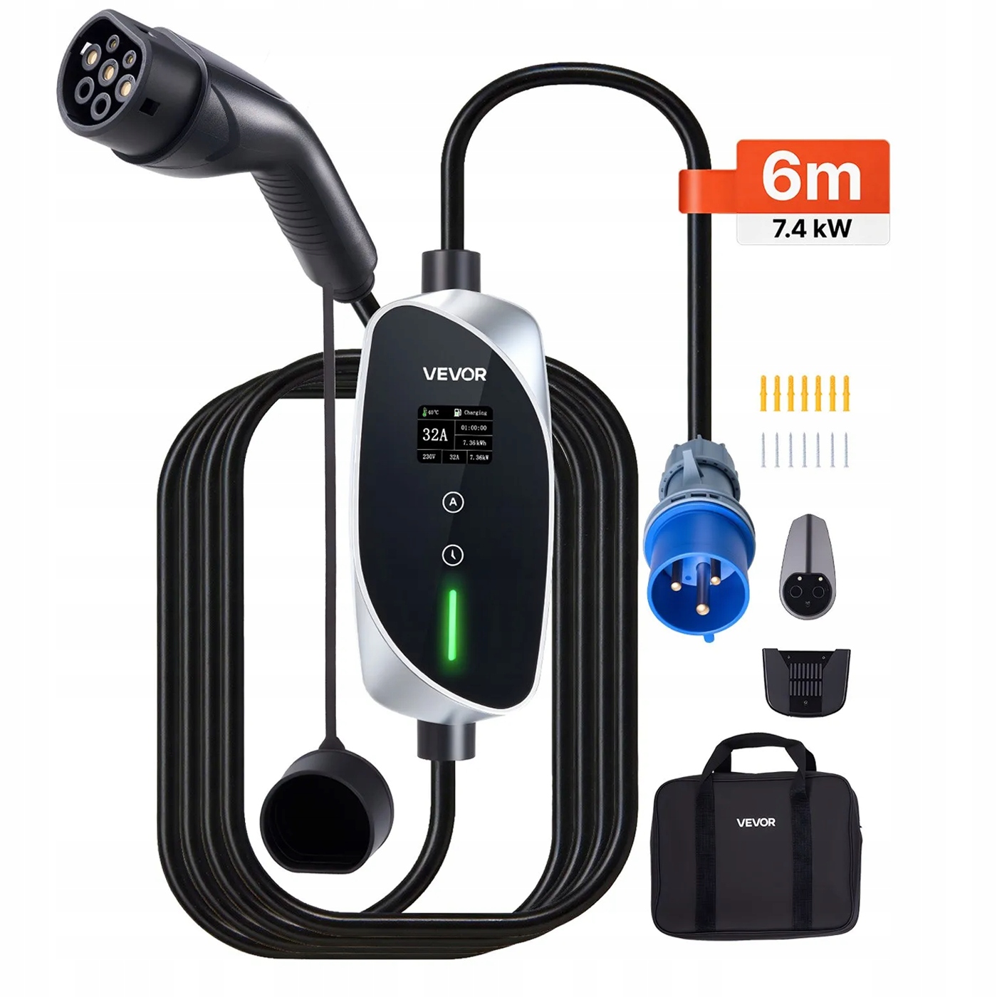 Nabíjačka Ev 7.4 kW Typ 2 32A Cee Mobilná stanica Wallbox 6 m LCD