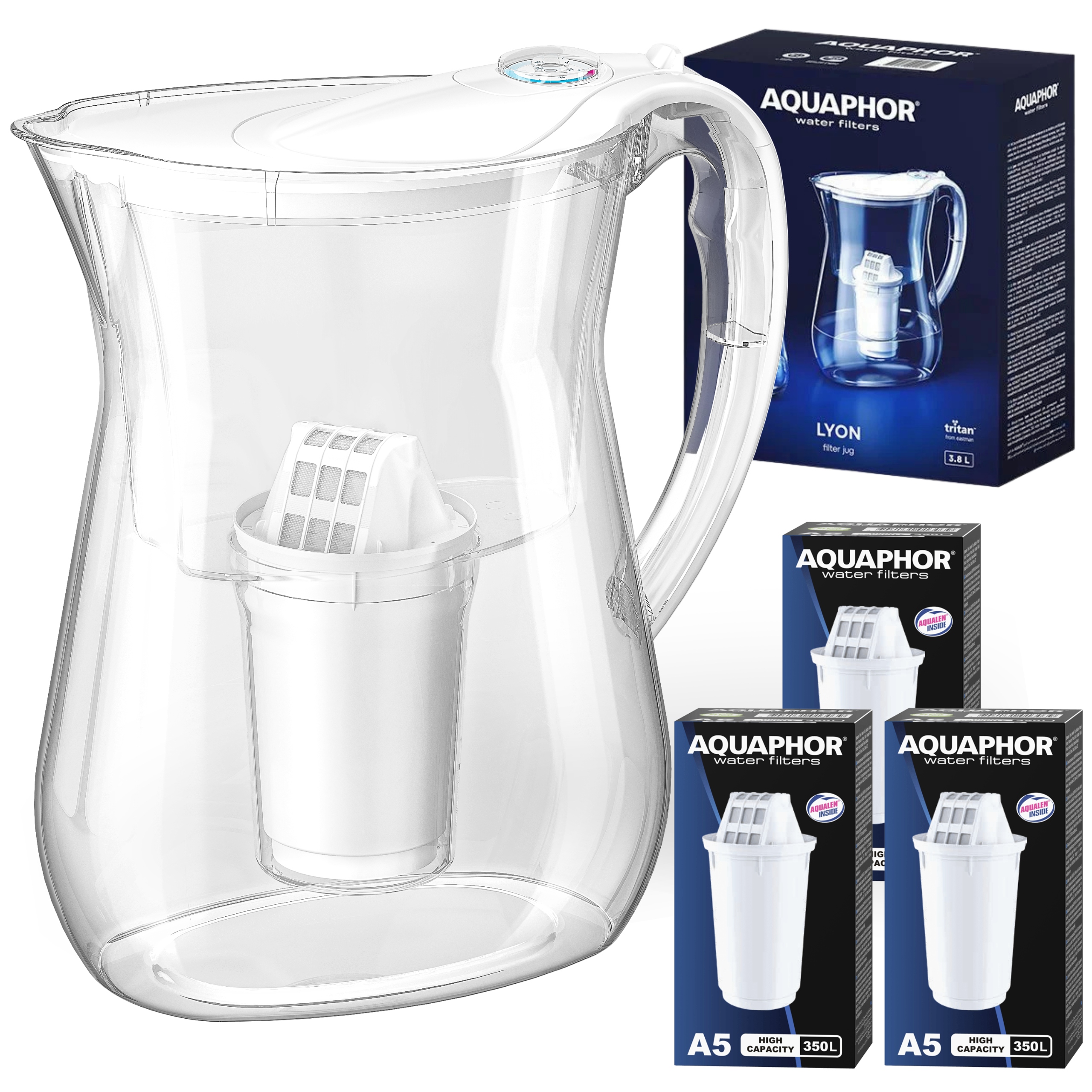 Dzbanek filtrujący wodę Aquaphor Lyon Biały 3.8L, 3 wkłady węglowe A5