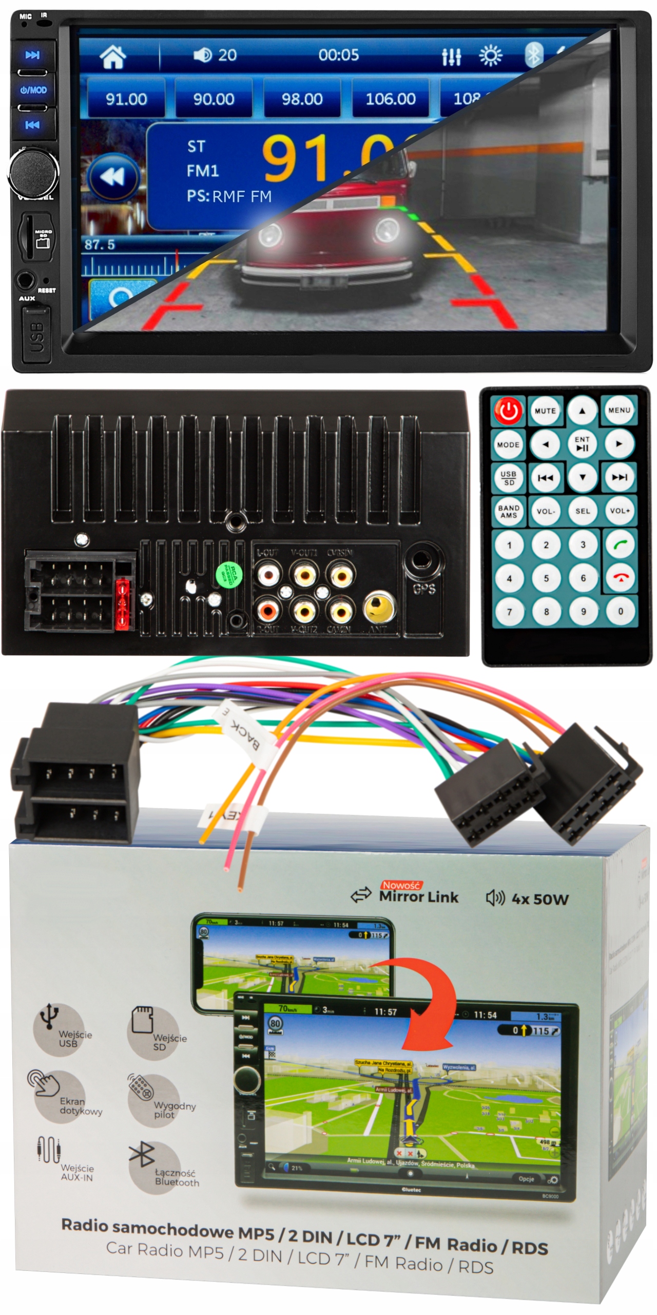 RADIO SAMOCHODOWE BLUETOOTH USB 2DIN WYŚWIETLACZ 7" Wysokość produktu 10 cm