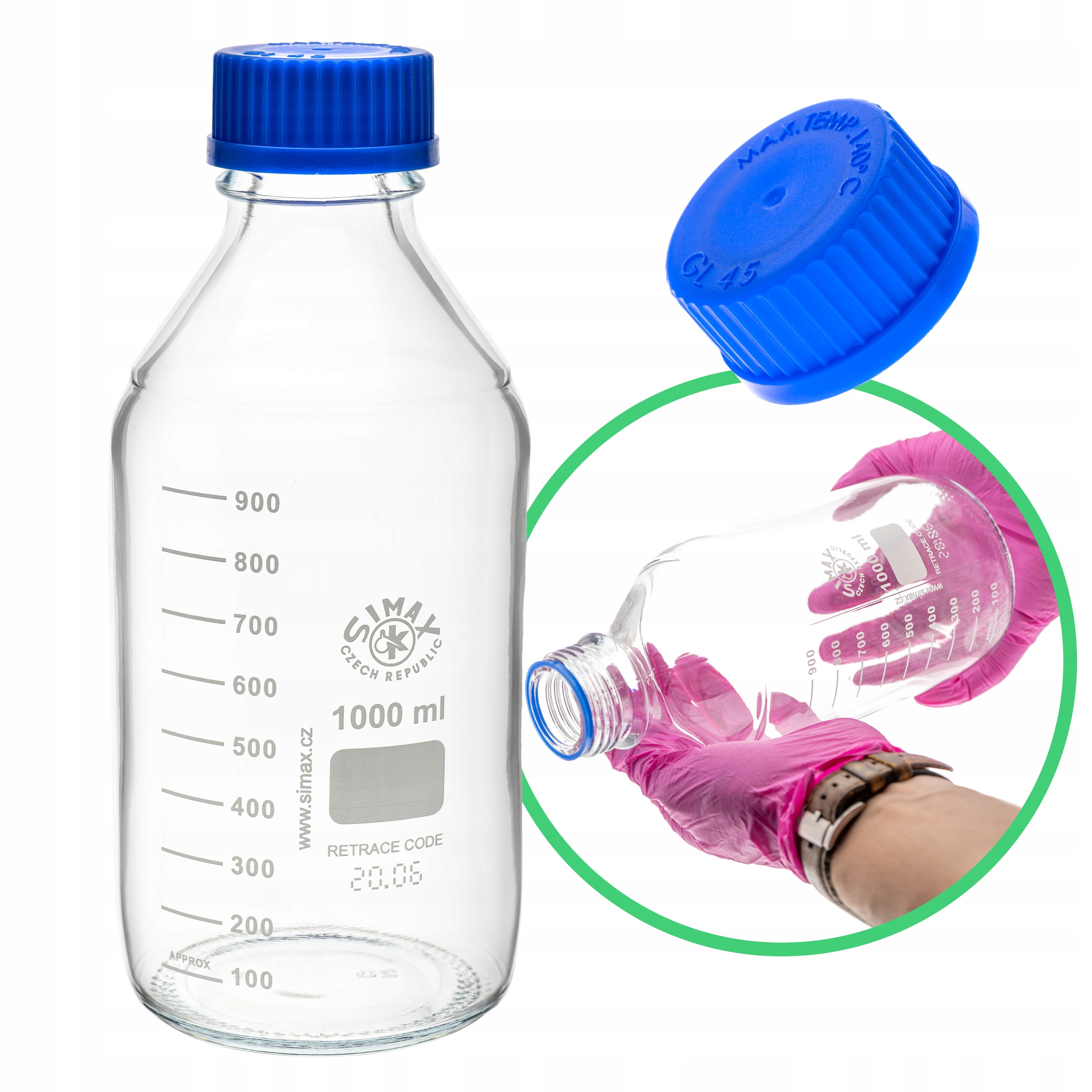 Butelka szklana laboratoryjna Simax boro 3.3 1000 ml z nakrętką Pp GL45