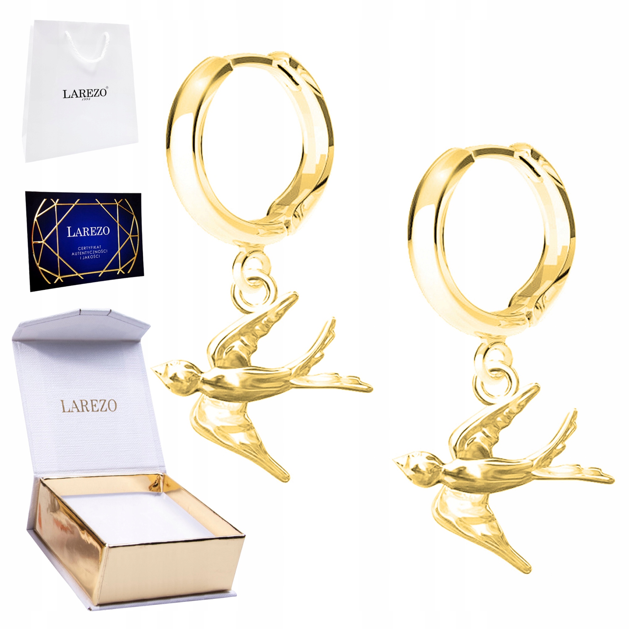 Krásné zlaté Náušnice 925 Vlaštovky s ptáky Vlaštovka Ptáci Pozlacené 24K