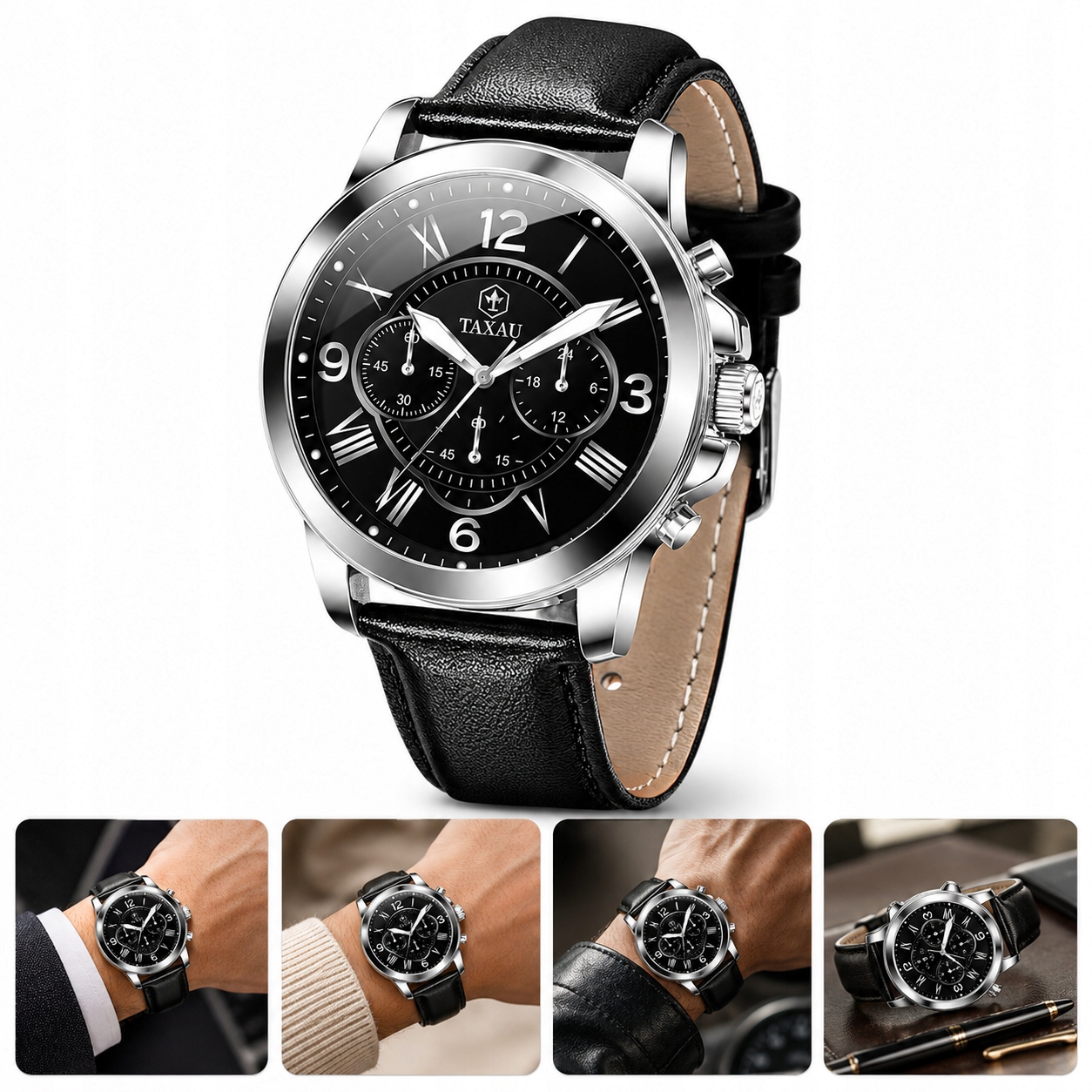 Pánské hodinky analogový chronograf velký ciferník 30 m kožený řemínek elegantní
