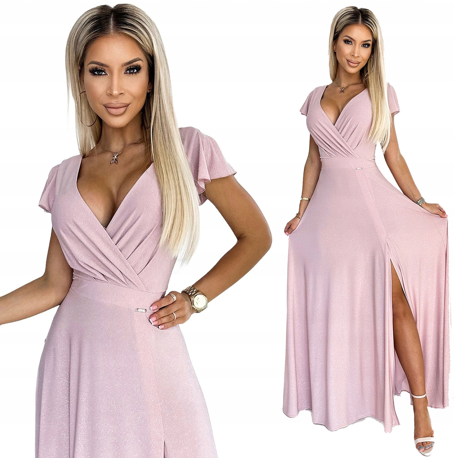 Efektní Dlouhé Plesové Maxi Šaty S Zavinovacím Výstřihem Starorůžová 3XL