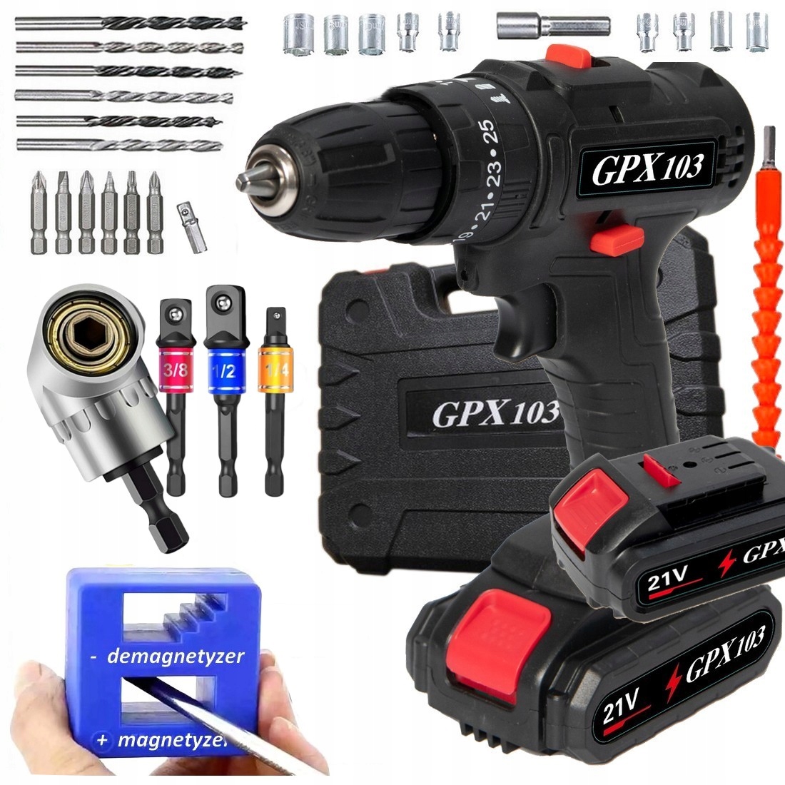 Wiertarko Wkrętarka Mocna Udar 20V 2× aku Zestaw Adaptery Bity Nasadki Magn