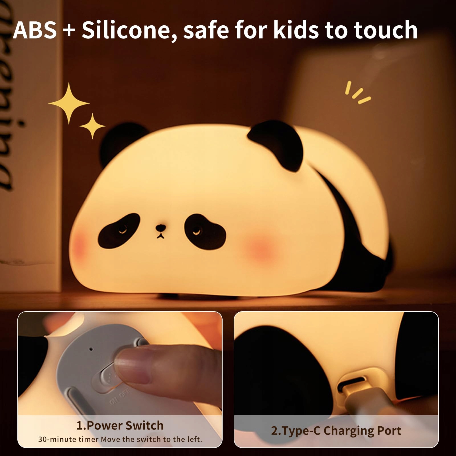 AMMTOO Lampka Nocna Dla Dzieci Panda Dotykowa Silikonowa USB — miniatura 6