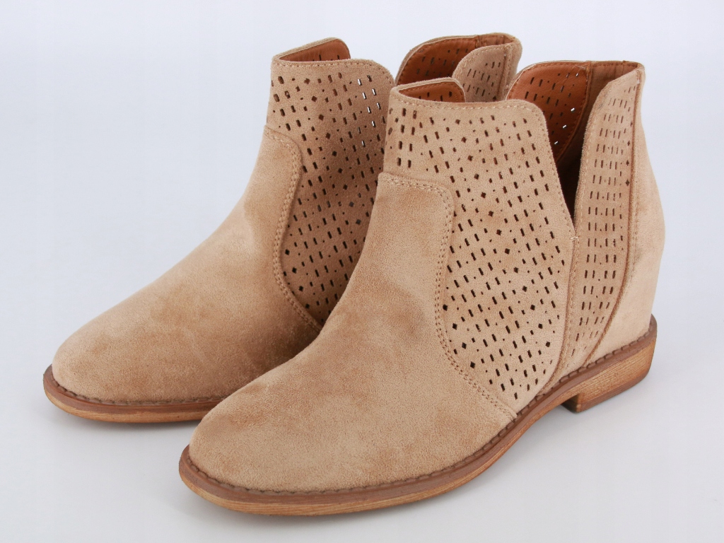 WIOSENNE BOTKI DAMSKIE AŻUROWE BUTY Z WYCIĘCIEM ZAMSZOWE KHAKI BRĄZ 41 Zapięcie wsuwane