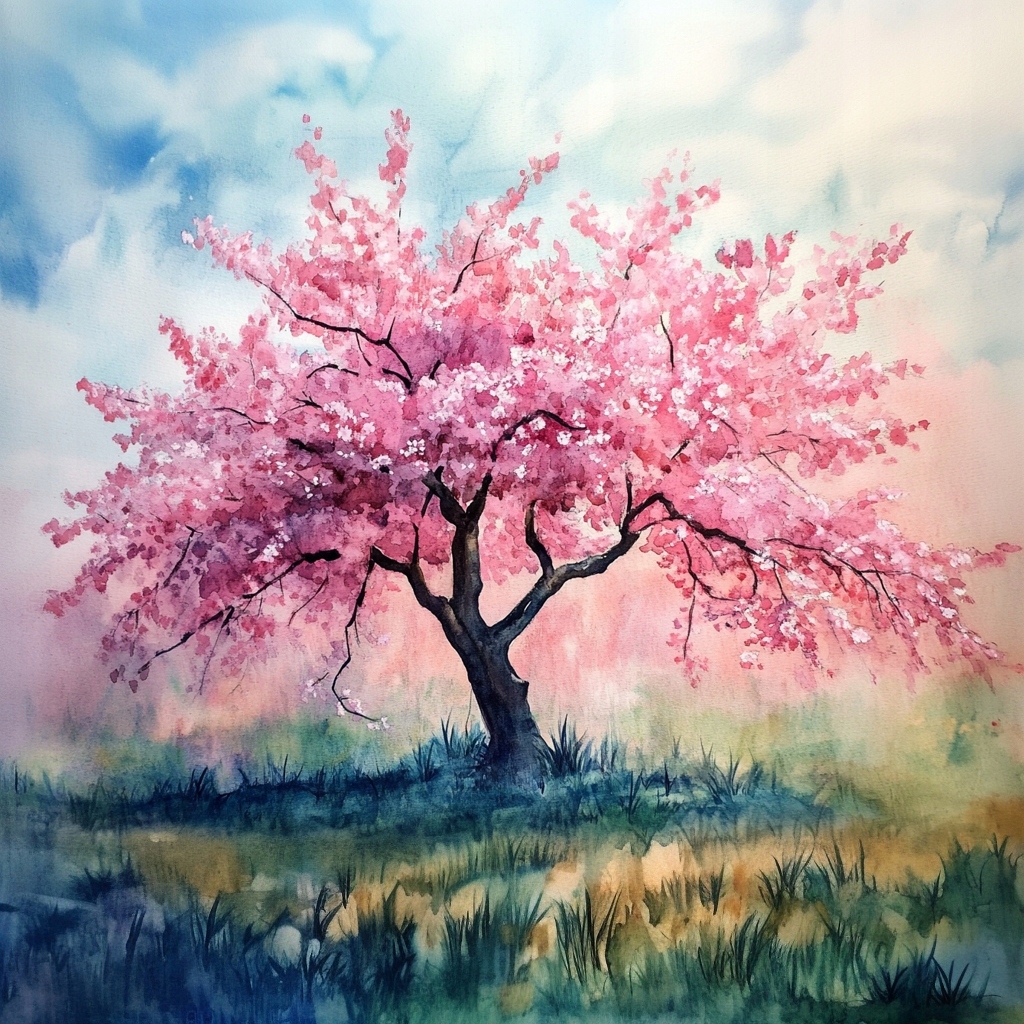 Obraz Na Plátně Canvas Akvarel Příroda Růžové Dřevo Květiny Jaro 80x80
