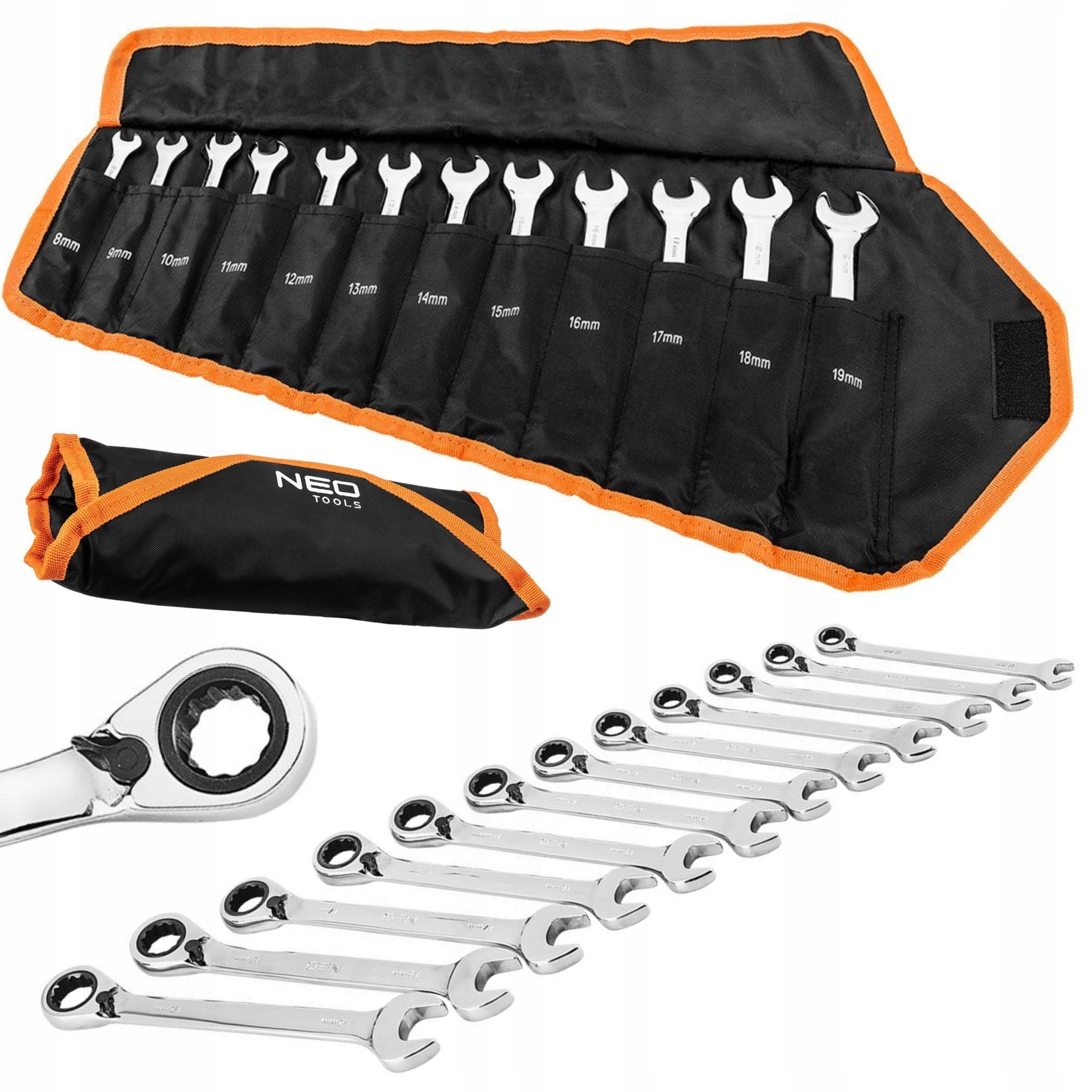 Neo Očkoploché Kľúče S Hrkálkou 12 ks 8-19 mm Plachta Puzdro 09-345