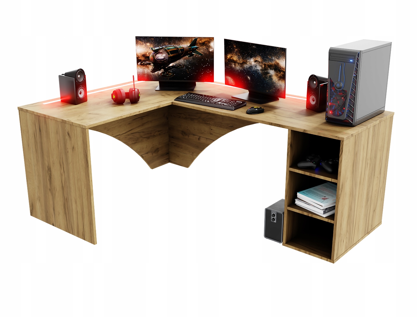 Biurko Gamingowe Komputerowe Gracza Narożne Dąb Złoty Craft LED Głębokość mebla 135 cm