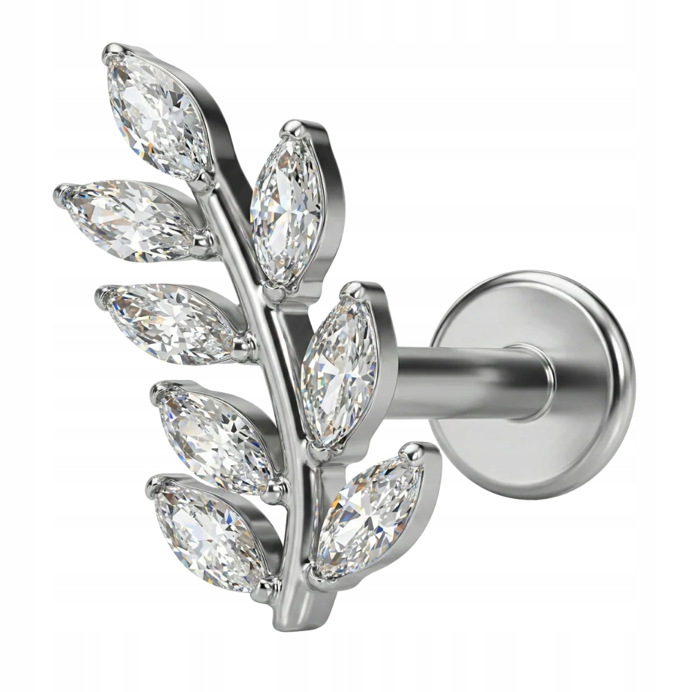 Titanová náušnice Labret List Zirkony Helix Tragus 1.2x8 Titan G23 Stříbrná