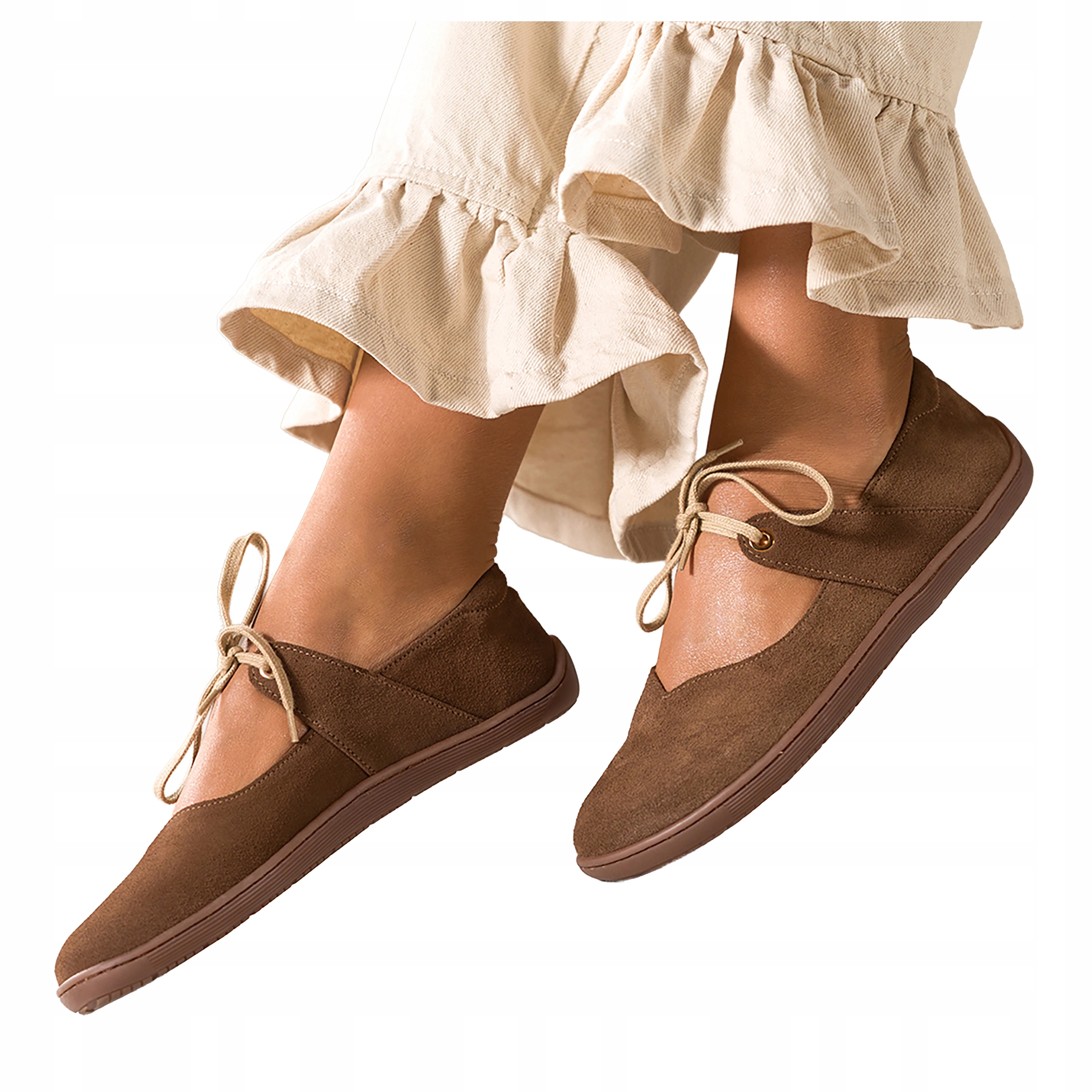 Hnědé dámské kožené Polské šněrovací Baleríny Široké Barefoot vel. 38